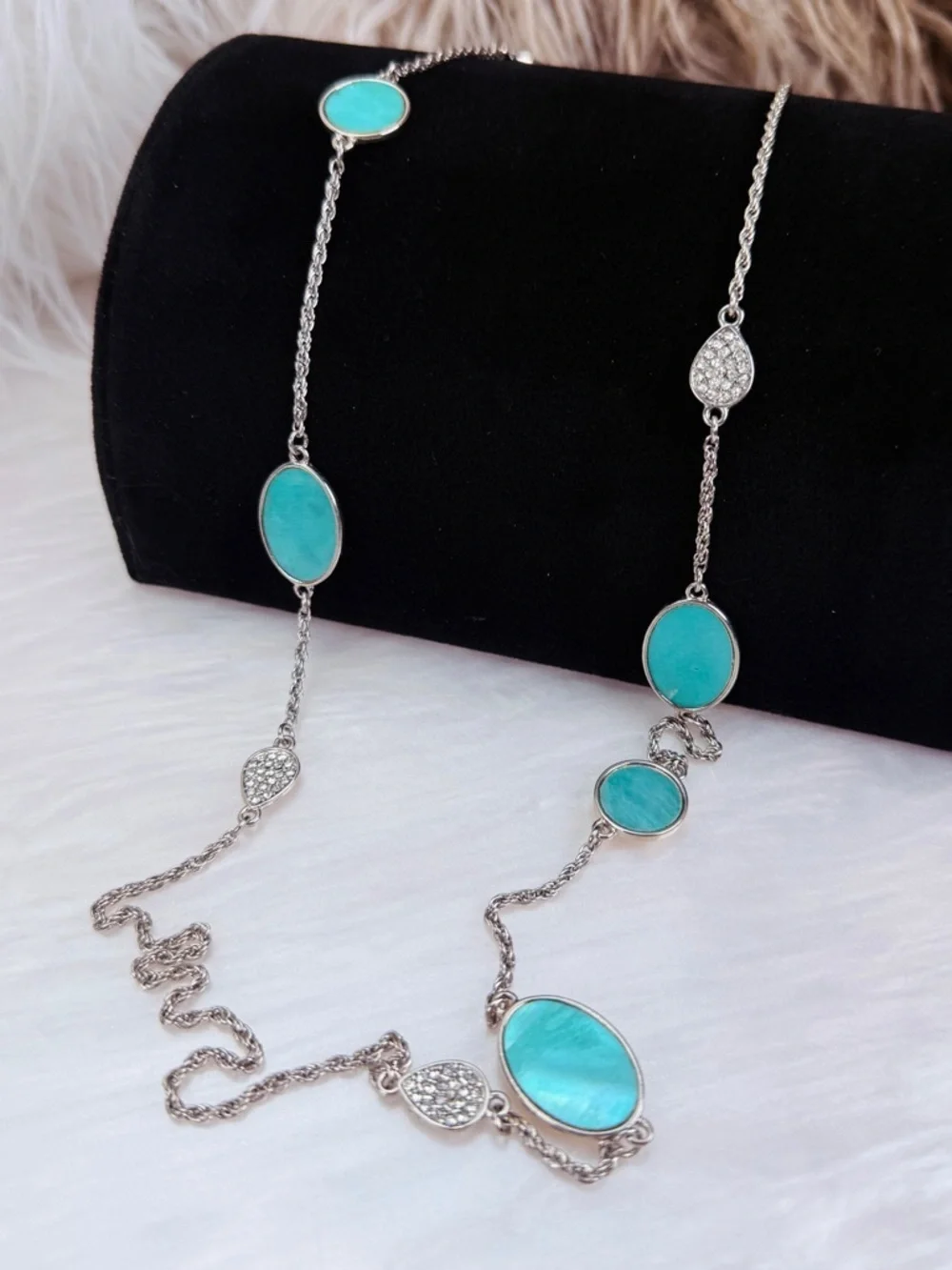 Beautiful, Silvertone, blue, clear bling, long layering necklace